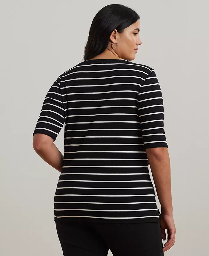 Plus Size Striped Cotton Boatneck T-Shirt - thumbnail 6