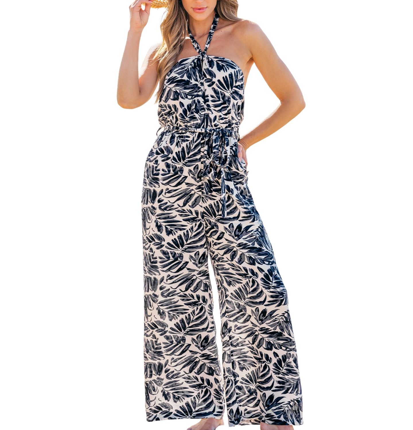 Женский комбинезон Cupshe Tropical Leaf Print Halter Wide-Leg Jumpsuit, цвет: Тёмный синий — фото 1