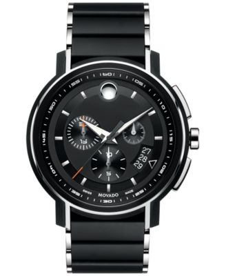 Movado - Men's Swiss Chronograph Strato Silver-Tone & Black PVD Stainless Steel Bracelet Watch 44mm 0607006