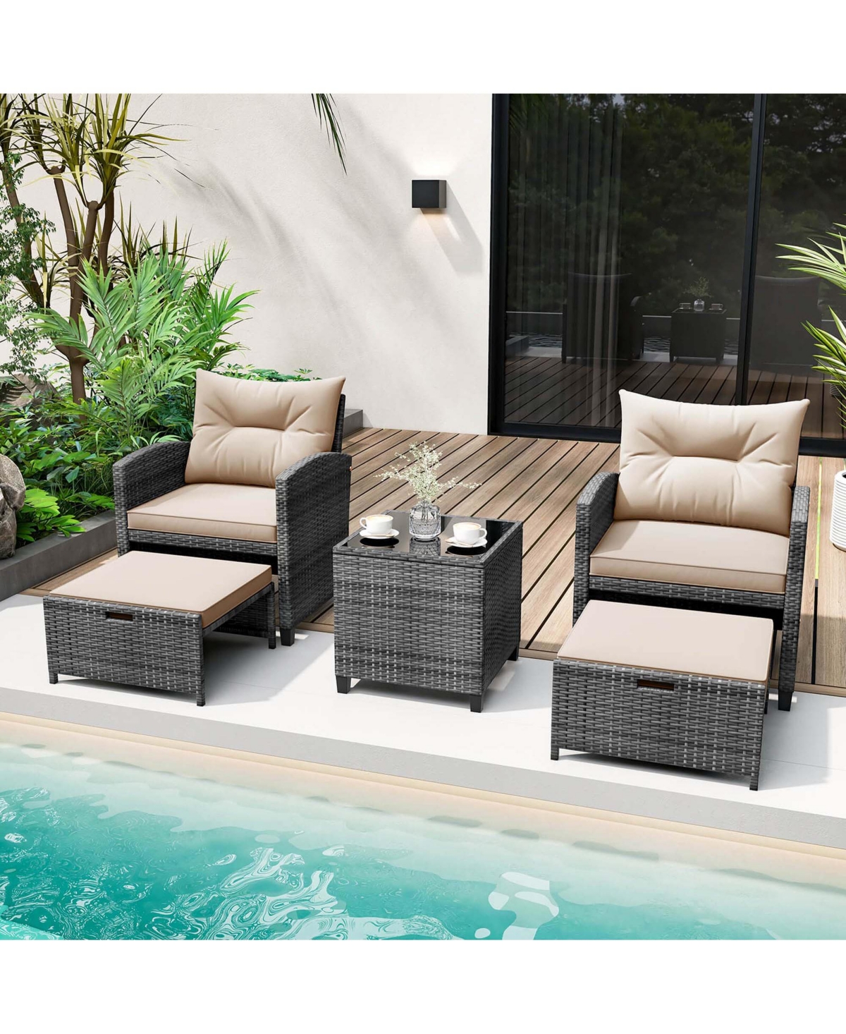 5 Piece Patio Rattan Furniture with 2 Ottomans & Tempered Glass Coffee Table