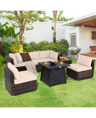 7PCS Patio Rattan Furniture Set Fire Pit Table Cover Cushion