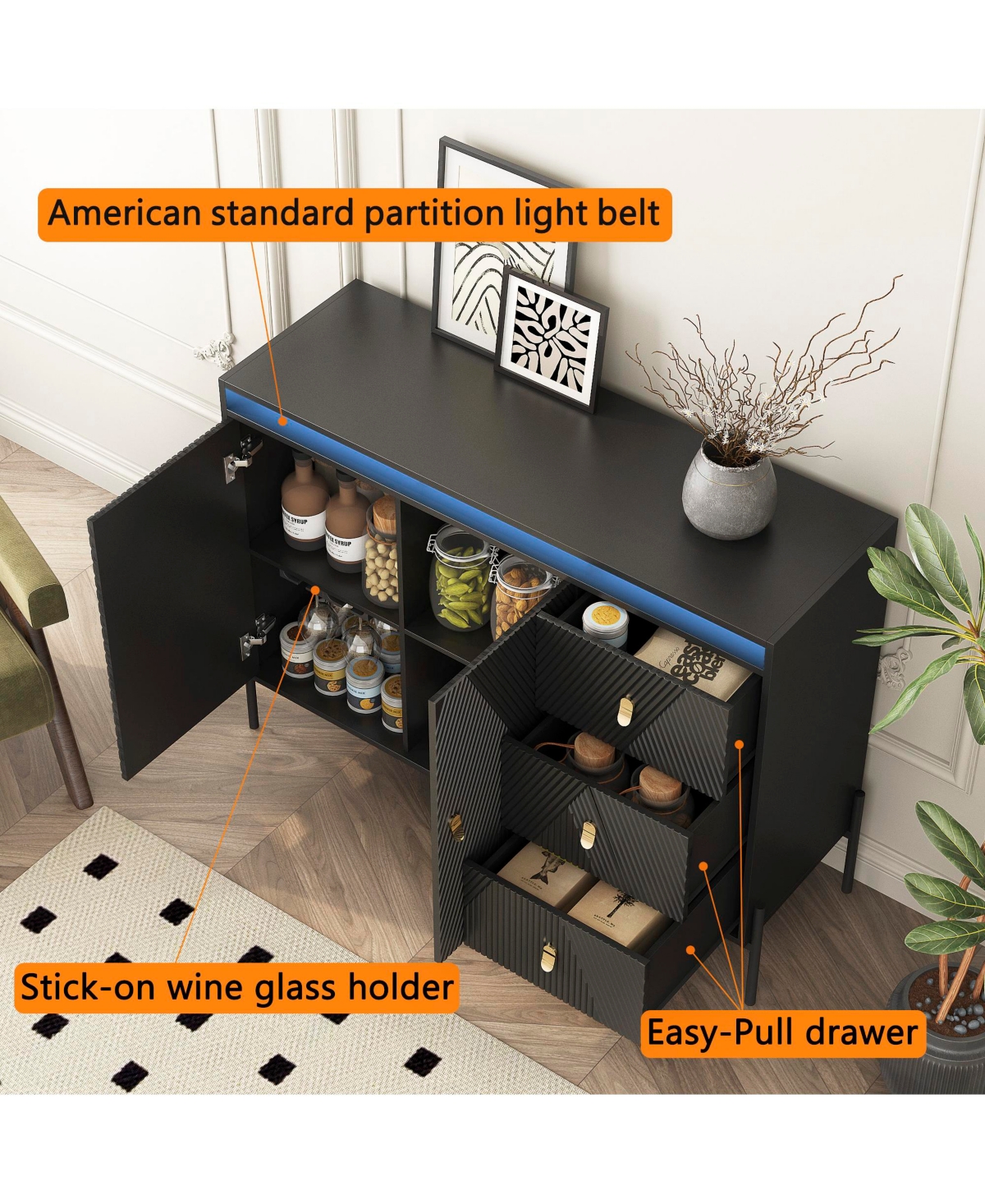 Streamdale Fluted Sideboard with Led Lights, 2 Doors and 3 Drawers