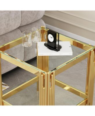 Top and Bottom Double Layer Tempered Glass End Table and Mirror Finished Stainless Steel Frame