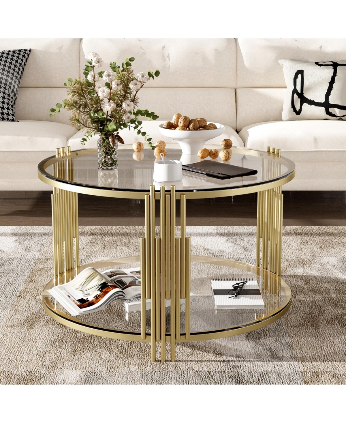 Streamdale Modern Glass Coffee Table in 31.5", Asymmetrical Metal, Circular Metal Drum Base, Gold Finish & Lower Shelf