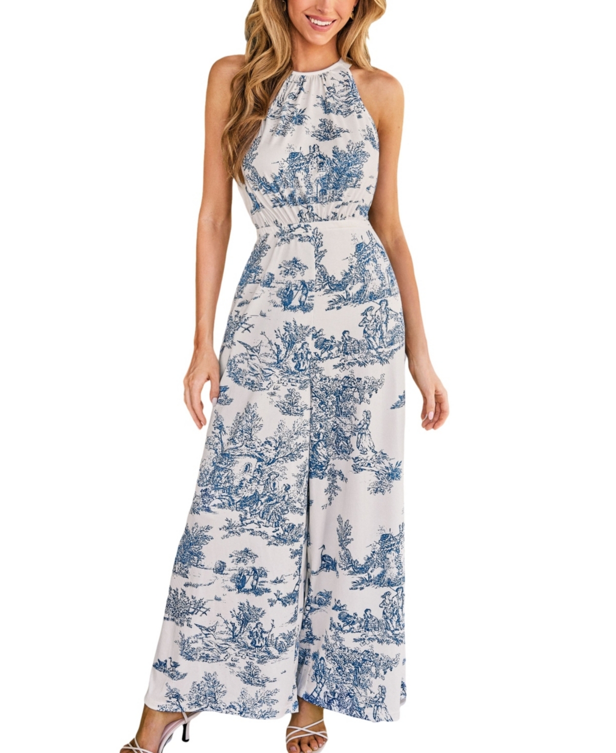 Women's Enchanting Toile Halter Jumpsuit - Blue