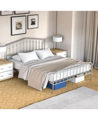 Queen Size Metal Bed Frame Platform Headboard & Footboard W/Storage Sliver