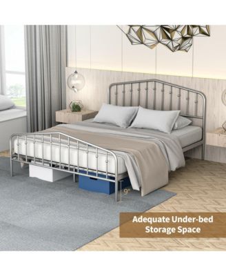 Queen Size Metal Bed Frame Platform Headboard & Footboard W/Storage Sliver