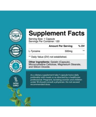 L-Tyrosine Capsule |  High Strength L-Tyrosine Supplement | for Mental Energy, Mood, Focus, Attention & Cognition | 120ct