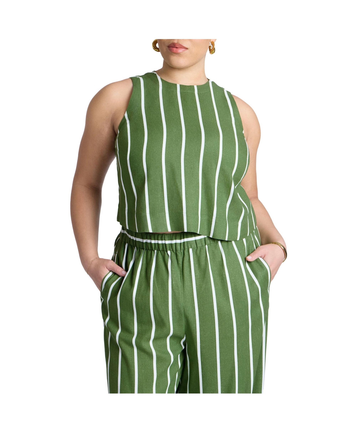 Plus Size Linen Blend Boxy Scoop Neck Crop Tank - Willow bough stripe