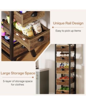 Wood Fruit and Vegetable Storage Rack Set of 2, 5-Tier Narrow Snack Stand Kitchen Stand Fruit Basket