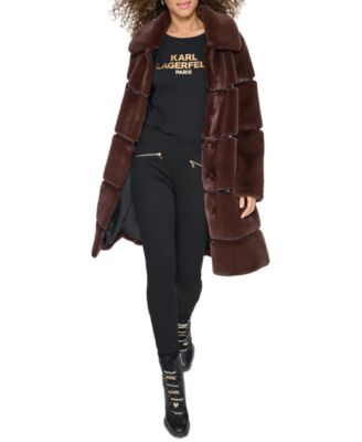 Womens Faux-Leather Trim Faux-Fur Coat