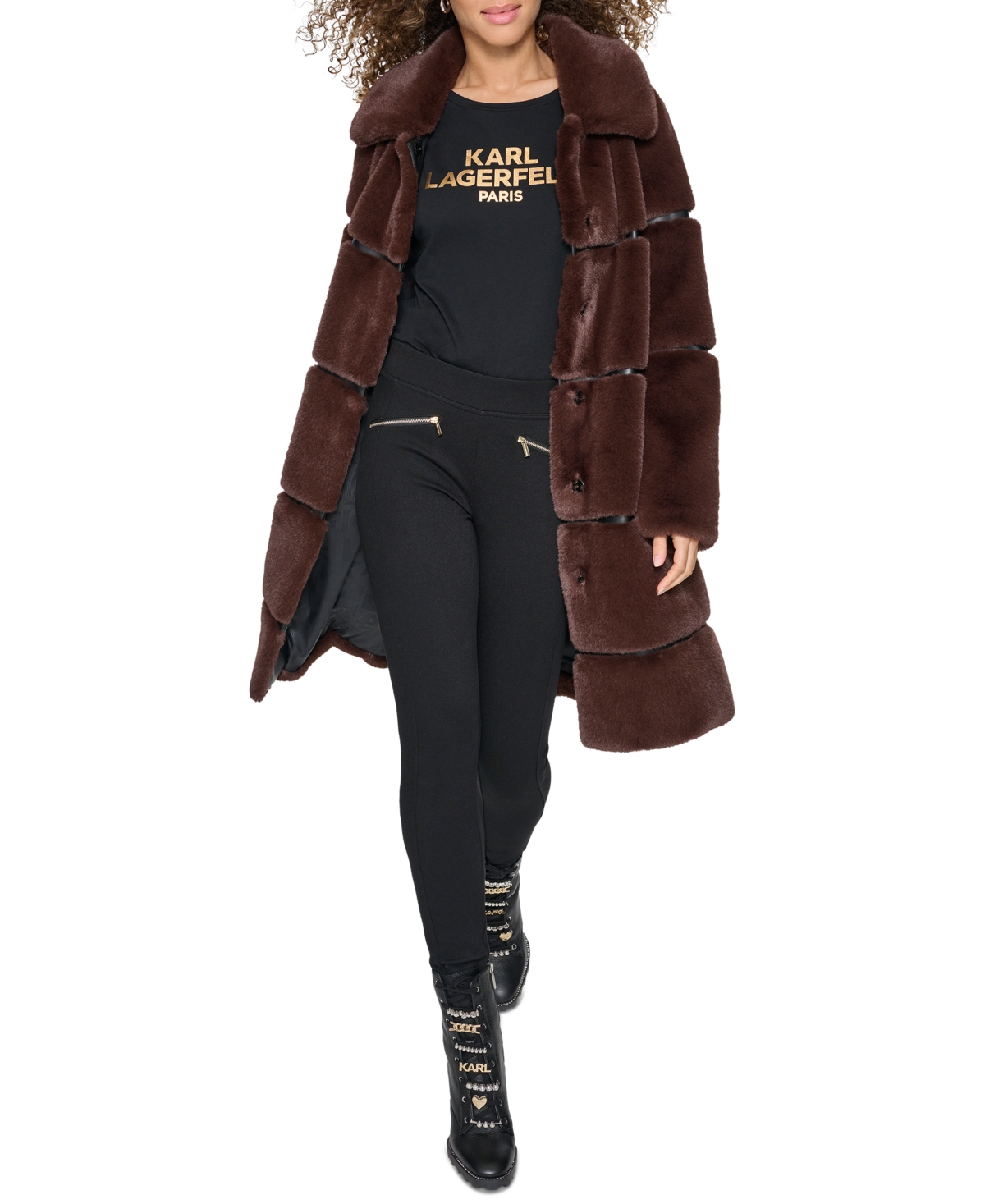 Karl Lagerfeld Womens Faux-leather Trim Faux-fur Coat In Brown