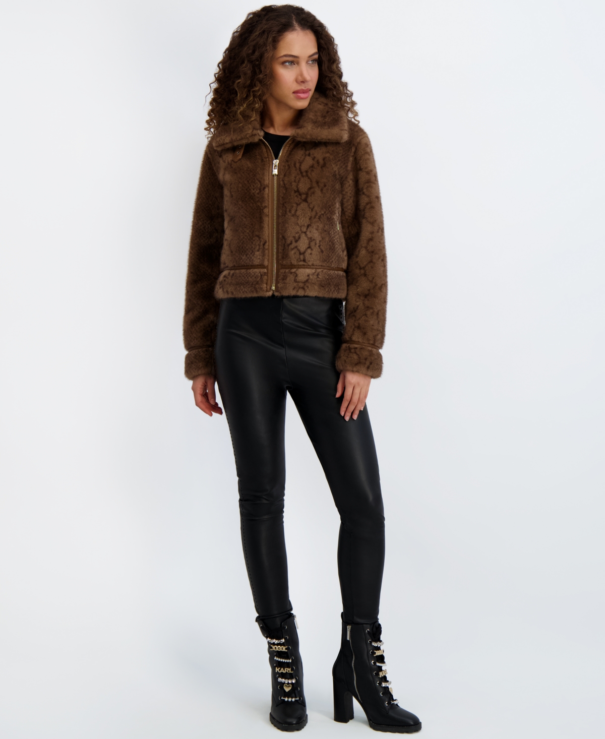 Karl Lagerfeld Python Print Faux Fur Jacket In Brown