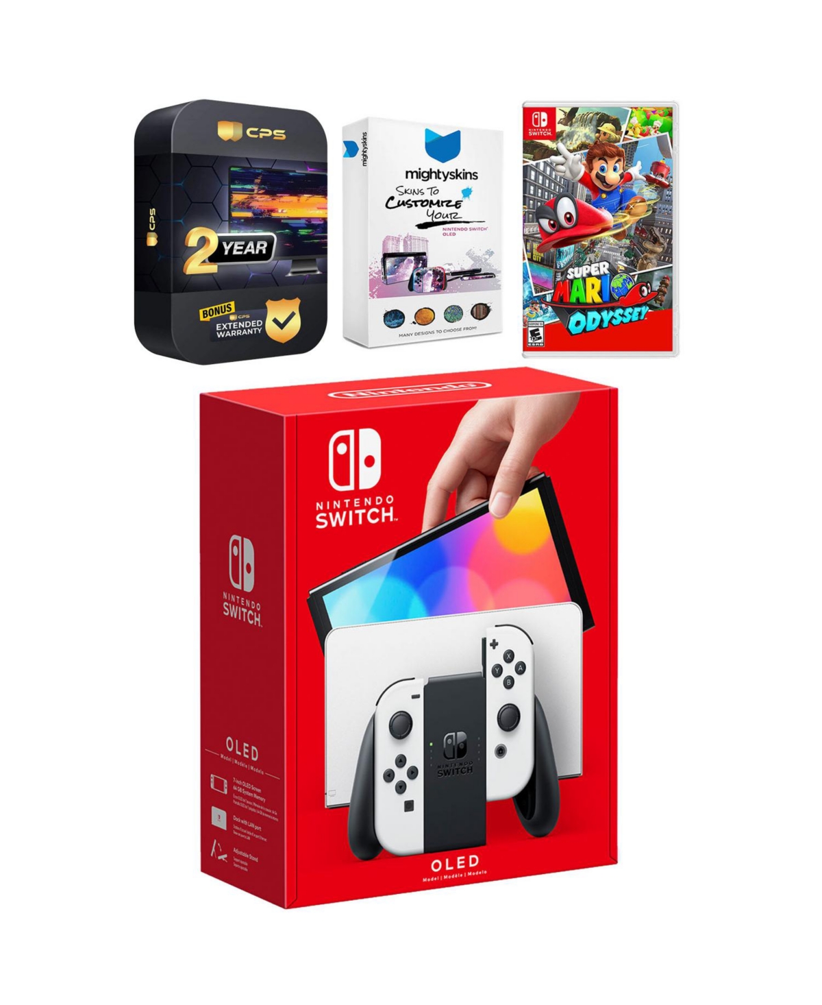 Nintendo Switch White Oled Console with Super Mario Odyssey, MightySkins Console and Controller Skin Voucher, and 2 Year Cps Extended Warranty