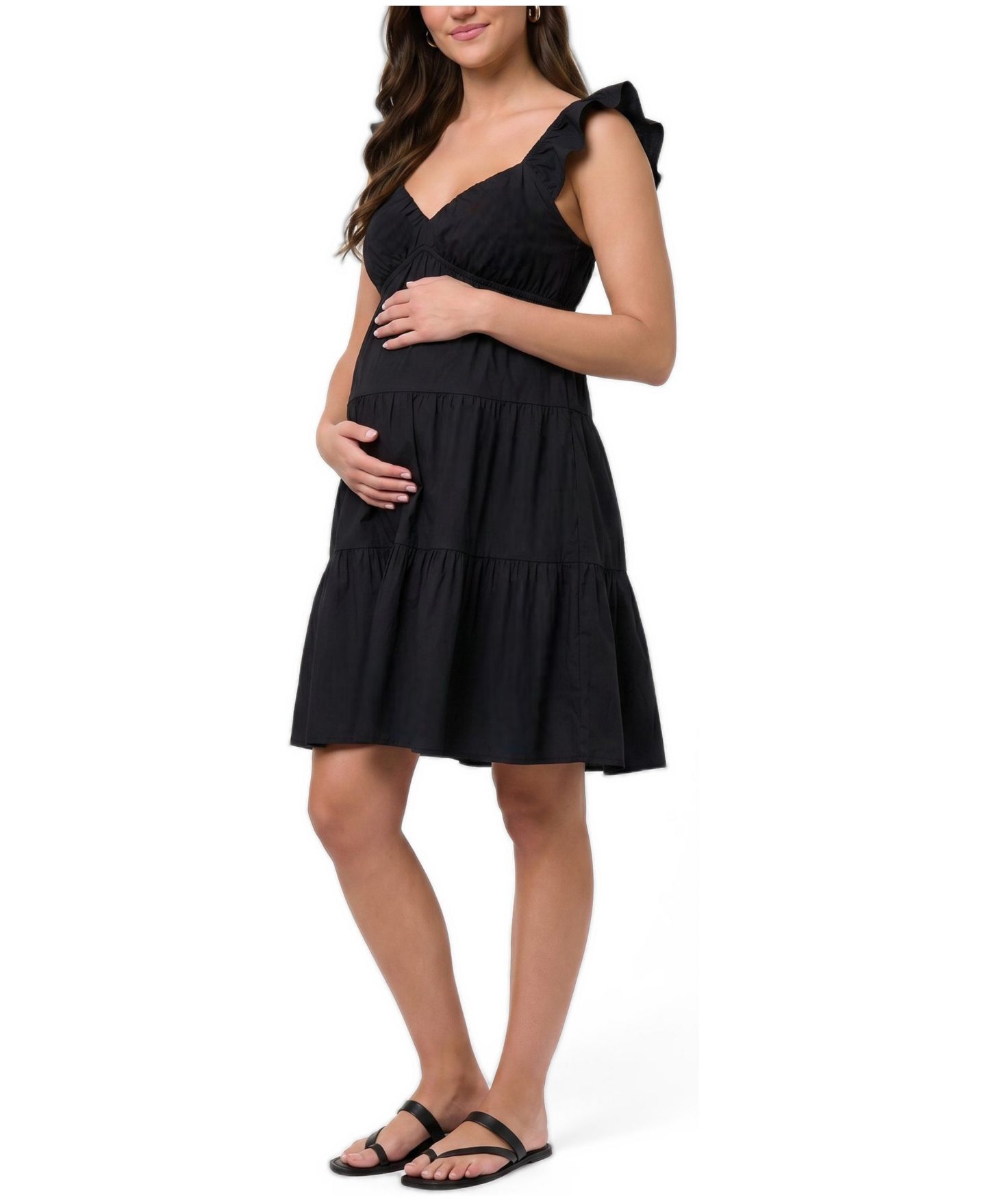 Женское платье Motherhood Maternity V Neck Flutter Sleeve Tiered Mini Dress - Motherhood, цвет: Чёрный — фото 3