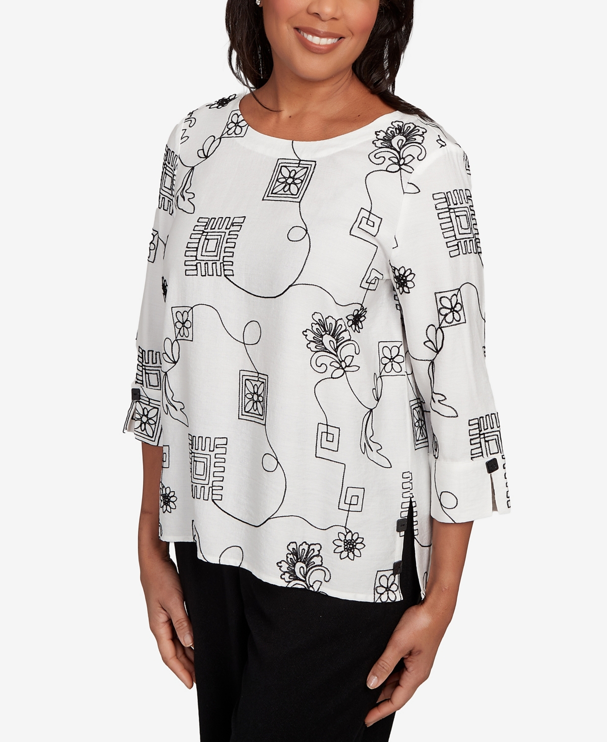 Alfred Dunner Petite Santa Barbara Geometric Floral Soutache Embroidered Top