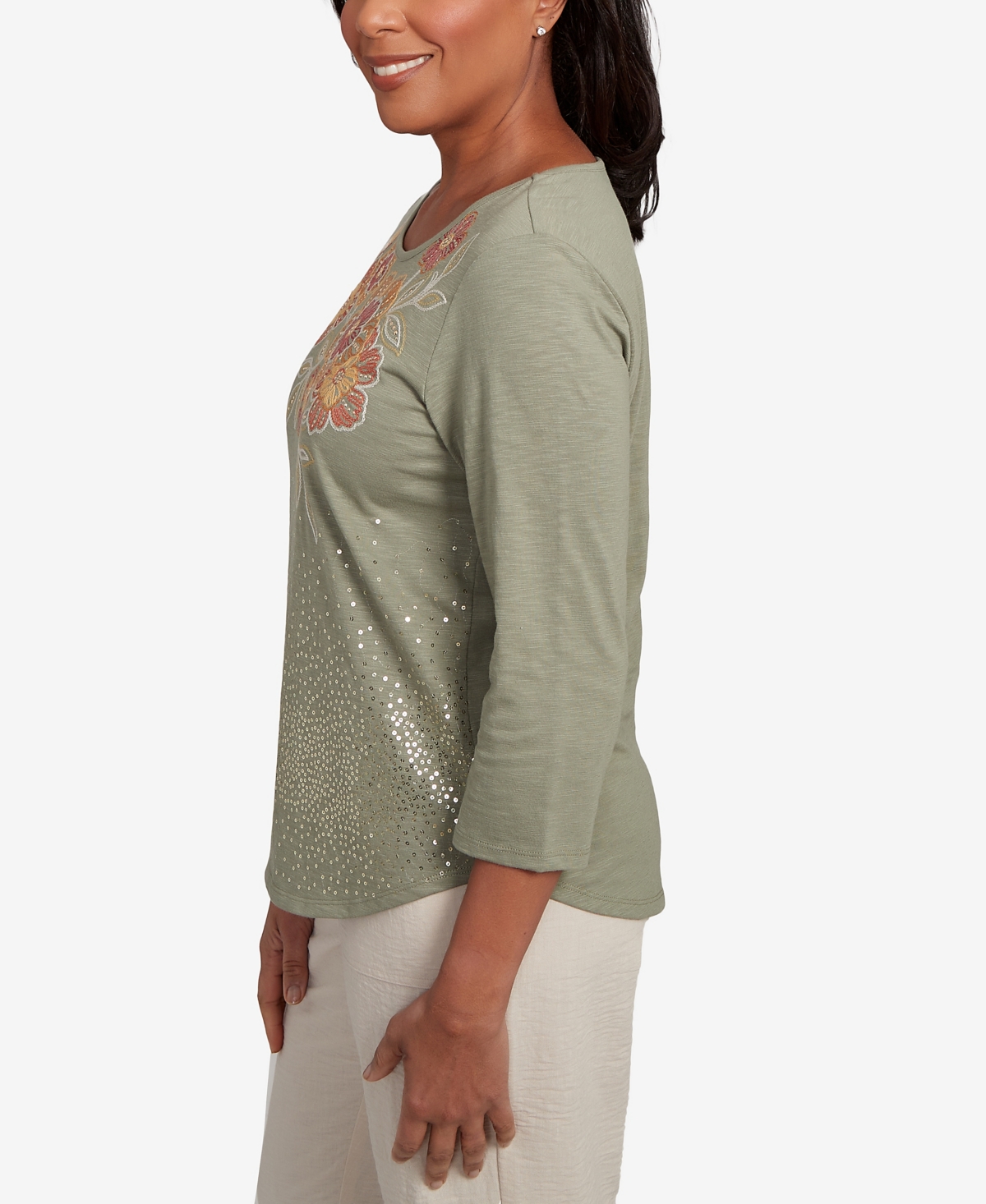 Alfred Dunner Petite Copper Canyon Scattered Sequin Floral Neck Top In Green