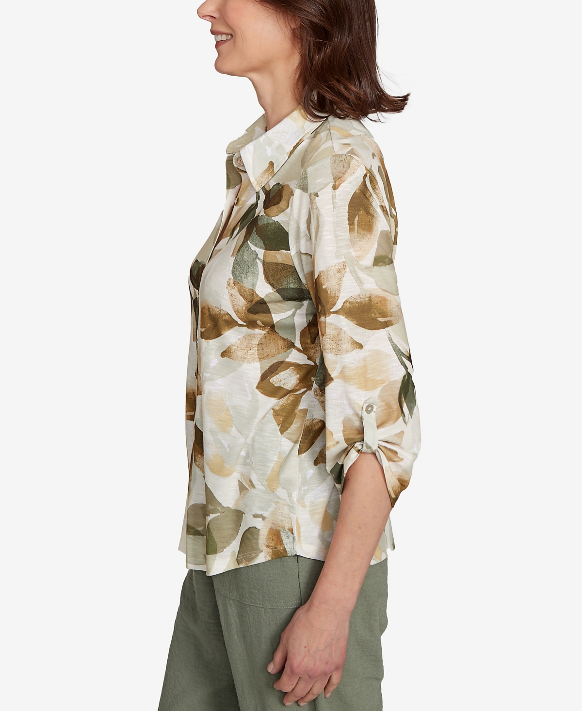 Alfred Dunner Petite Copper Canyon Knit Leaf Button Front Collared Top In Green
