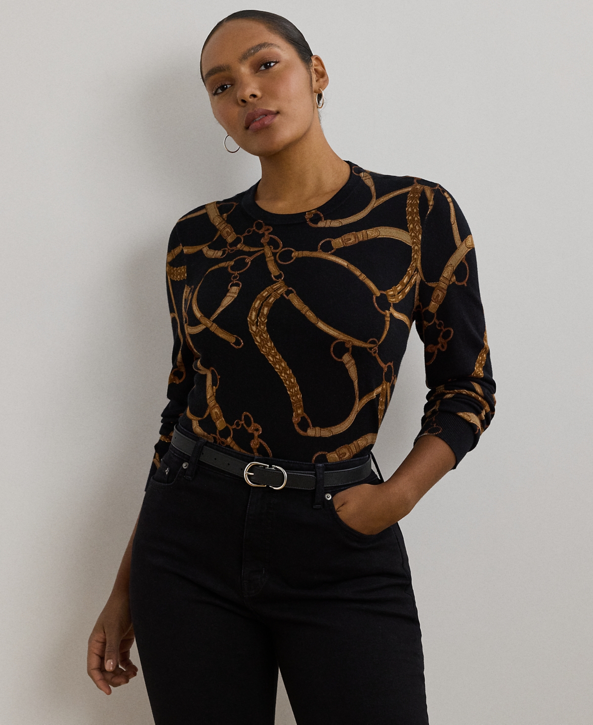 Ralph Lauren Plus Size Belting-print Cotton-blend Sweater