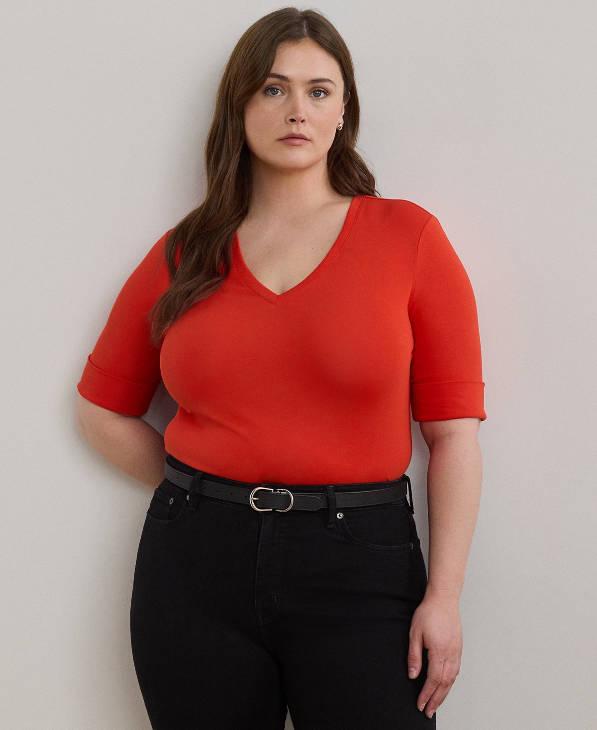 Ralph Lauren Plus Size Stretch Cotton Elbow-sleeve V-neck Tee