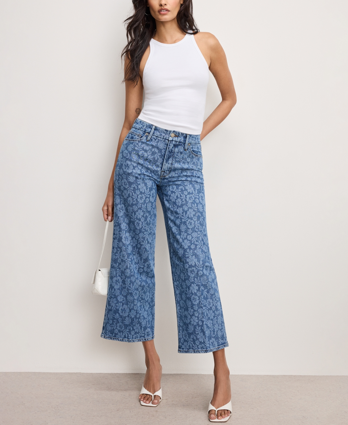 Women's Good Waist Cropped Palazzo Jeans - Hibiscus Bloom