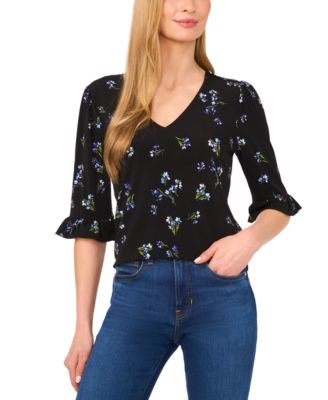 CeCe - Women's Printed V-Neck 3/4-Ruffle-Sleeve Top