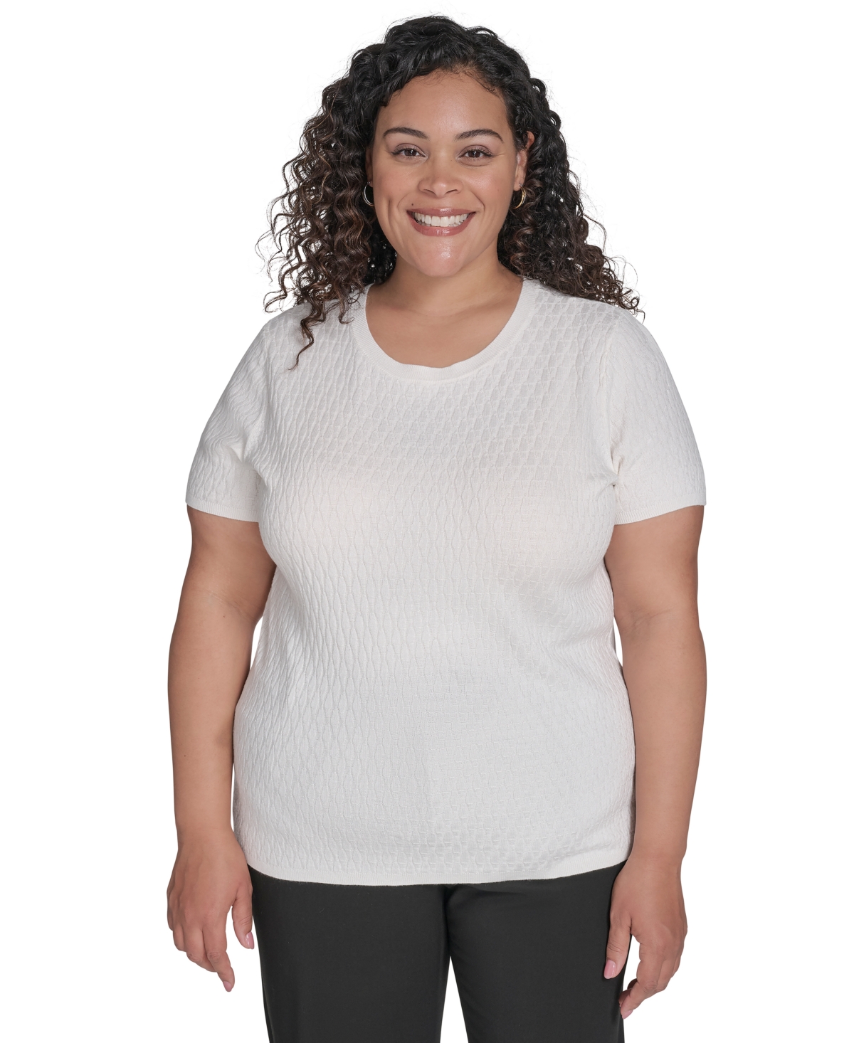 Calvin Klein Plus Size Textured Short-sleeve Sweater In White