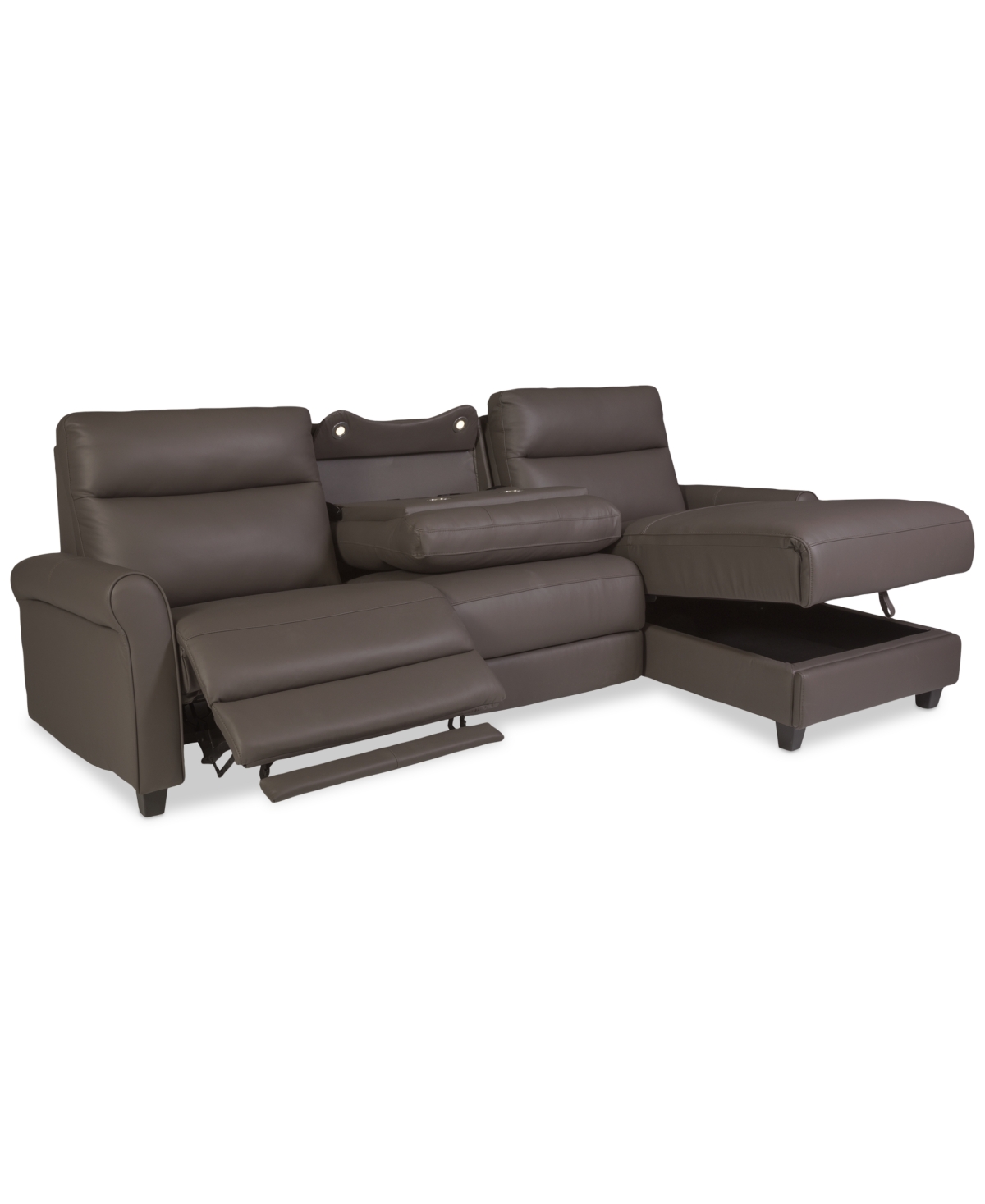 Macy's Thandler 3-pc. Leather Chaise Sectional With 1 Drop Down Table, Exclusively At
