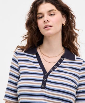 Women's Striped Ribbed-Knit Collared Henley Top