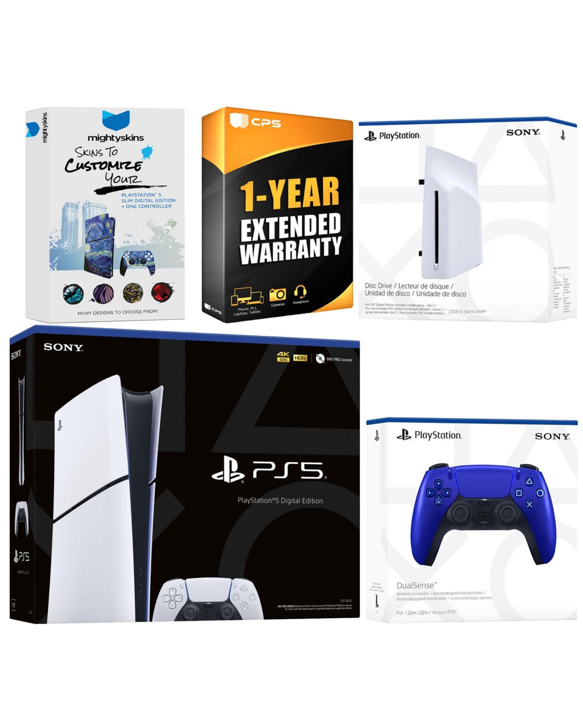 Sony PlayStation 5 Slim Digital Bundle with Disc Drive, Extra Controller, MightySkins Code and 1 Year Extended Warranty - Cobalt blue