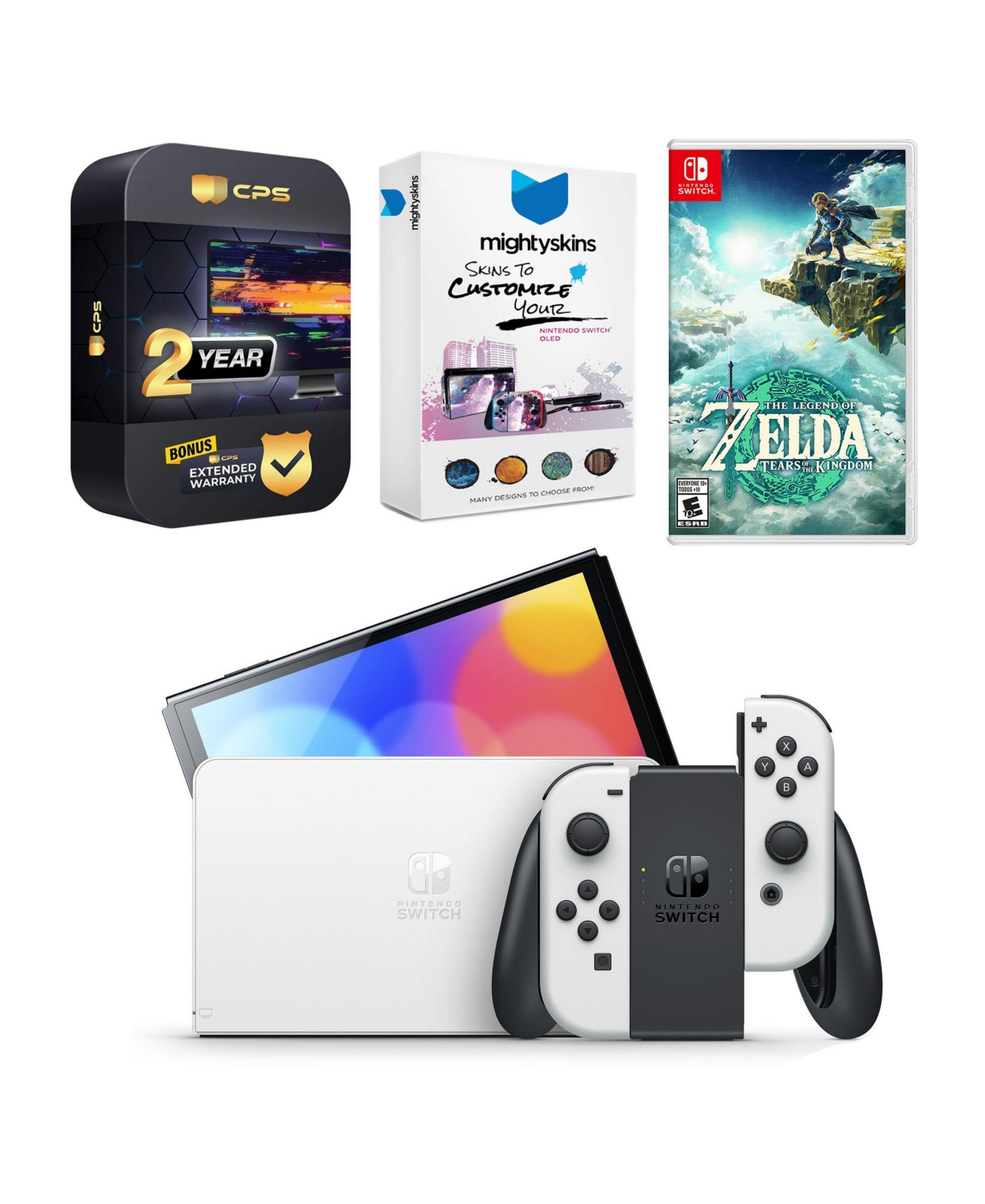 Nintendo Switch White Oled Console with The Legend of Zelda: Tears of the Kingdom, MightySkins Console and Controller Skin Voucher, and 2 Year Cps Ext
