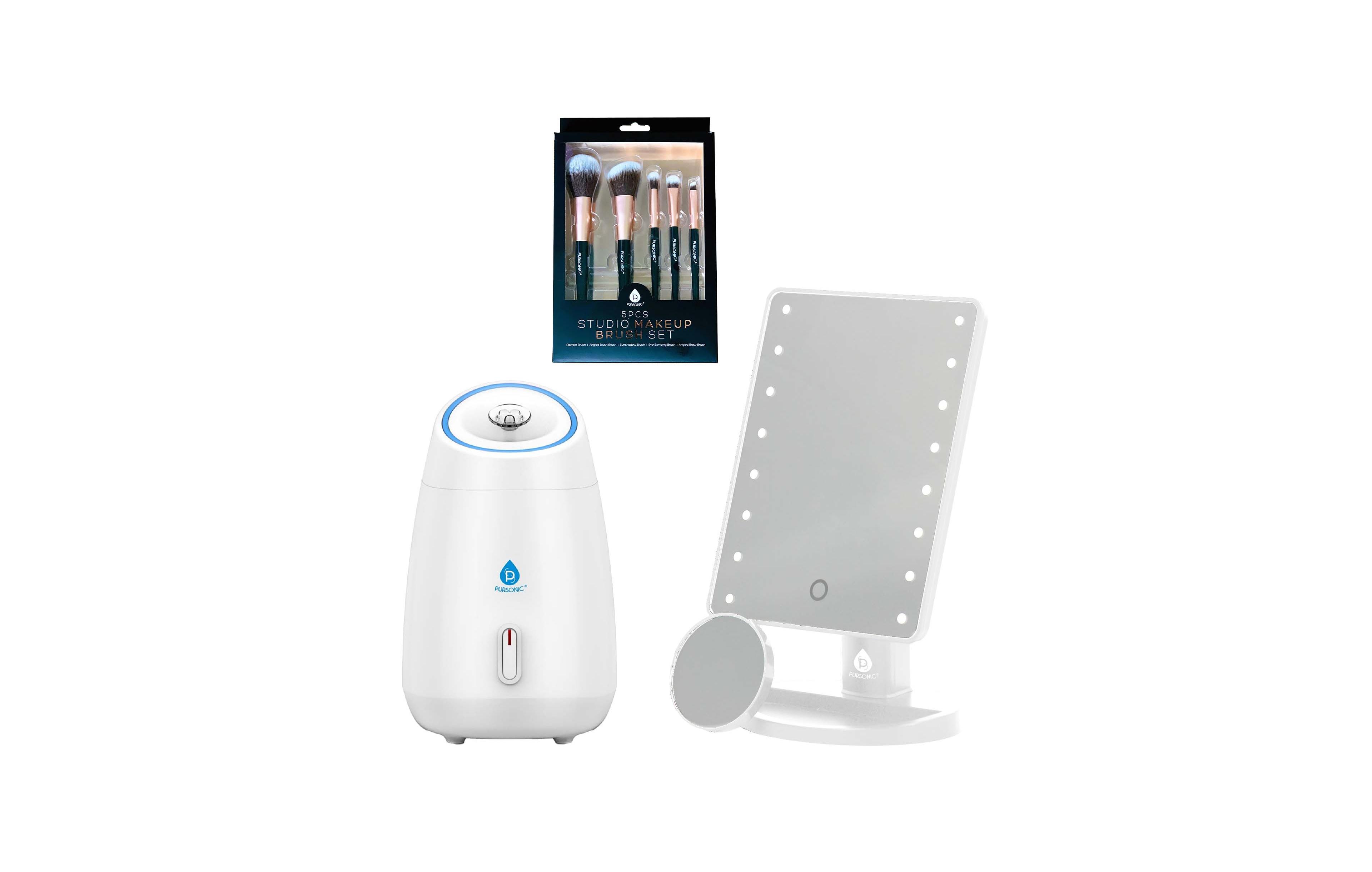 Pursonic Glow & Go Beauty Bundle with Led Vanity Mirror, Facial Steamer & 5-Piece Brush Set