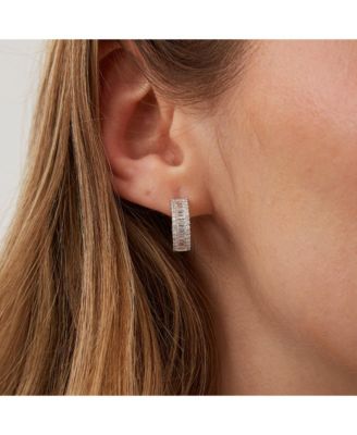 Baguette Cubic Zirconia Sterling Silver Pave Hoop Earrings