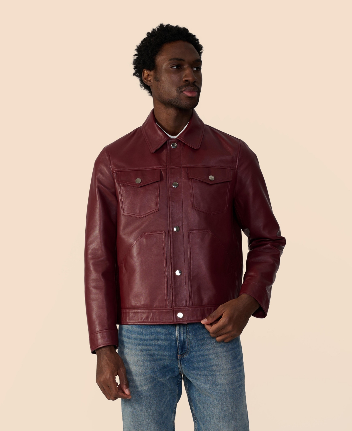 Men's Leather Trucker Jacket, Created For Macy's - Burgundy