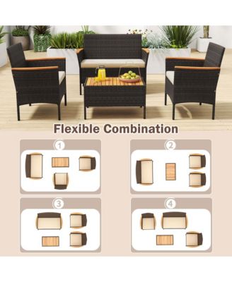 4 PCS Patio Wicker Sofa Set with Coffee Table Acacia Wood Armrests & Tabletop