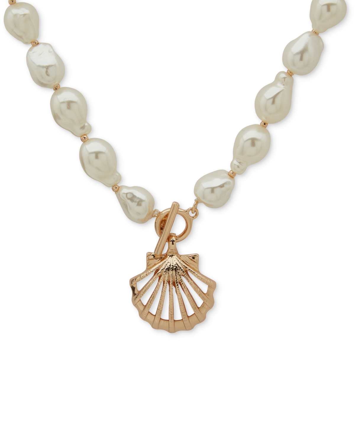 Gold-Tone Shell Imitation Pearl Beaded Pendant Necklace, 16" + 3" extender - Pearl
