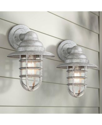 Marlowe 13 1/4" High Farmhouse Rustic Hooded Cage Outdoor Wall Light Fixture Mount Porch House Set of 2 Galvanized