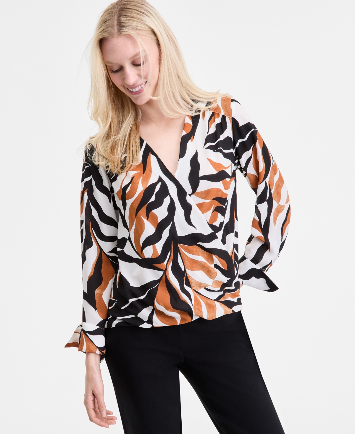 Women's Printed Cuffed Surplice Top, Exclusively at Macy's - Mira Palm