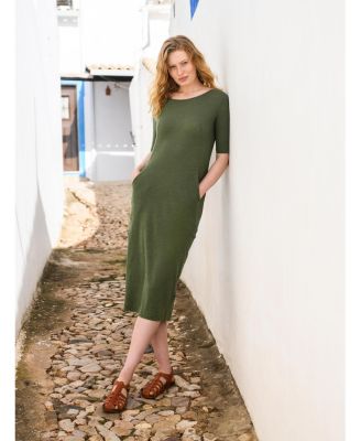 Women's Linen Blend Button Back Midi Dress