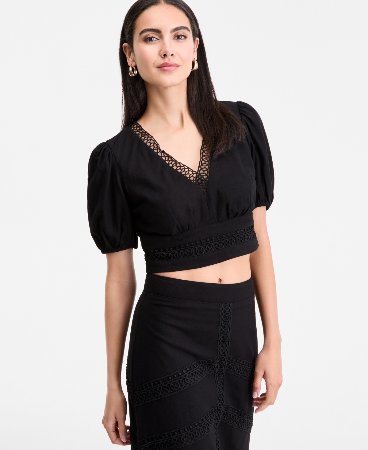Women's Crochet-Trim Cropped Blouse, Exclusively at Macy's - Polished Gold