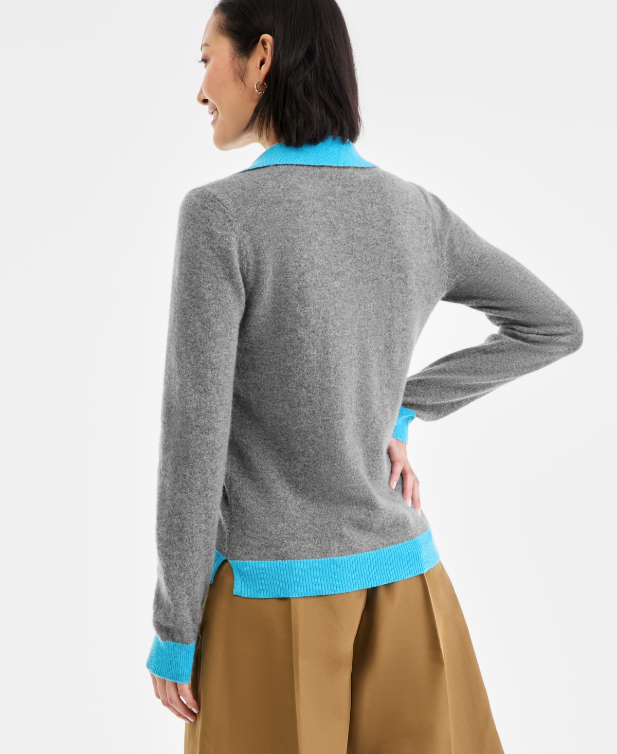 Charter Club Women's 100% Cashmere Colorblocked Collared Sweater, Macy's Exclusive In Gray