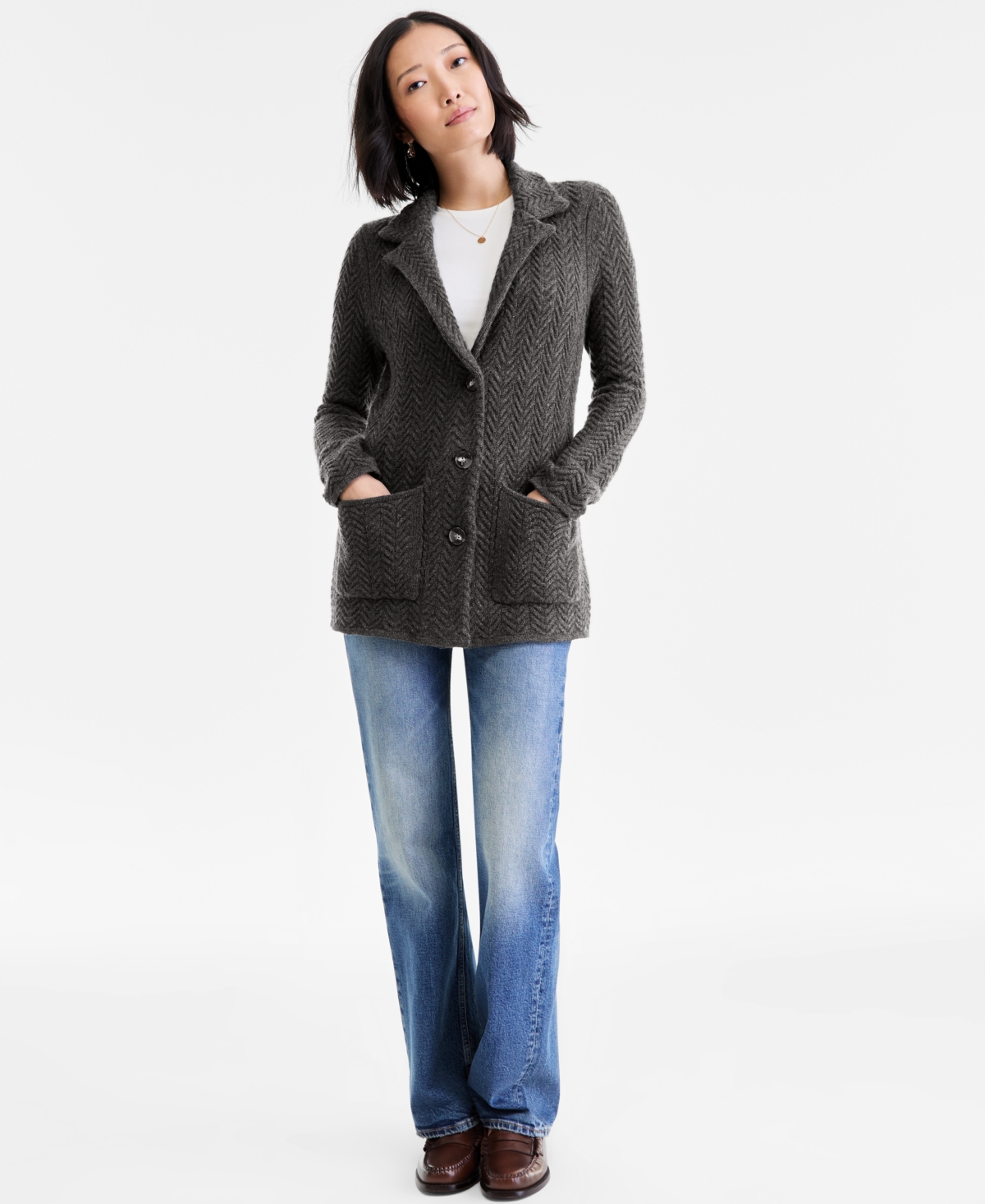 Charter Club Petite Herringbone-stitch Button-front Cashmere Jacket, Exclusively At Macy's