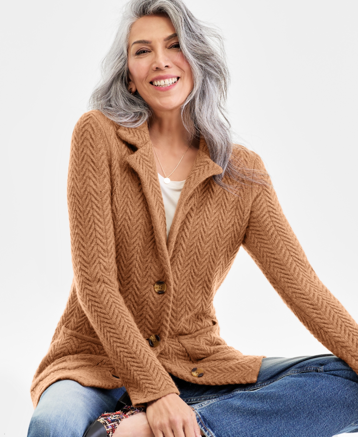 Charter Club Petite Herringbone-stitch Button-front Cashmere Jacket, Exclusively At Macy's