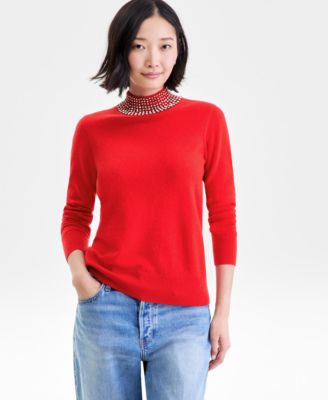 Charter Club - Women's 100% Cashmere Rhinestone Mock Neck Sweater