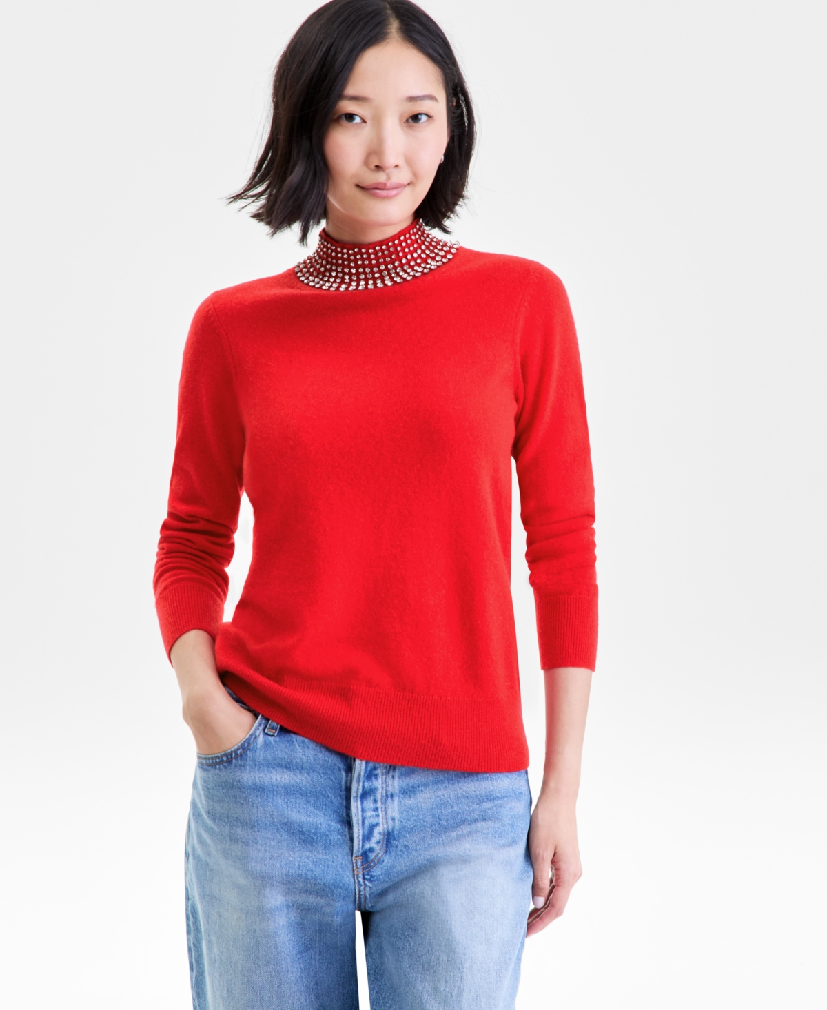 Charter Club Women's 100% Cashmere Rhinestone Mock Neck Sweater, Macy's Exclusive