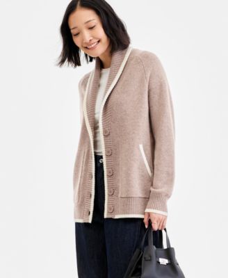 Charter Club - Women's 100% Cashmere Tipped Shawl-Collar Boyfriend Cardigan