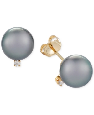 image of Cultured Tahitian Pearl (9mm) and Diamond Accent Stud Earrings in 14k Gold