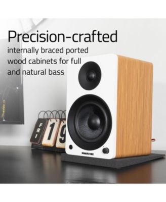 Ai41 Powered 5" Stereo Bookshelf Speakers (White), DB10 10" Powered Subwoofer (Walnut), 15ft RCA Subwoofer Cable