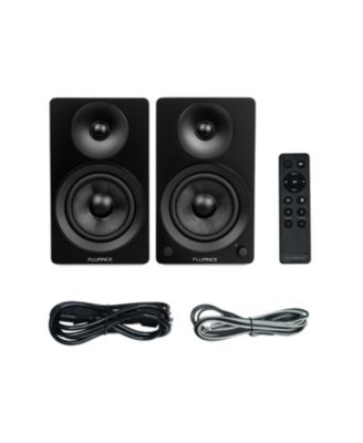 Ai41 Powered 5" Stereo Bookshelf Speakers (White), DB10 10" Powered Subwoofer (Walnut), 15ft RCA Subwoofer Cable