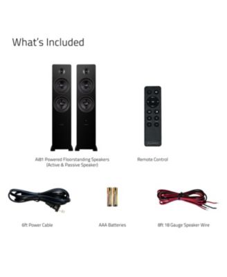 Ai81 Powered Floorstanding Speakers (Bamboo), DB10 10" Powered Subwoofer (Black), 15ft RCA Subwoofer Cable